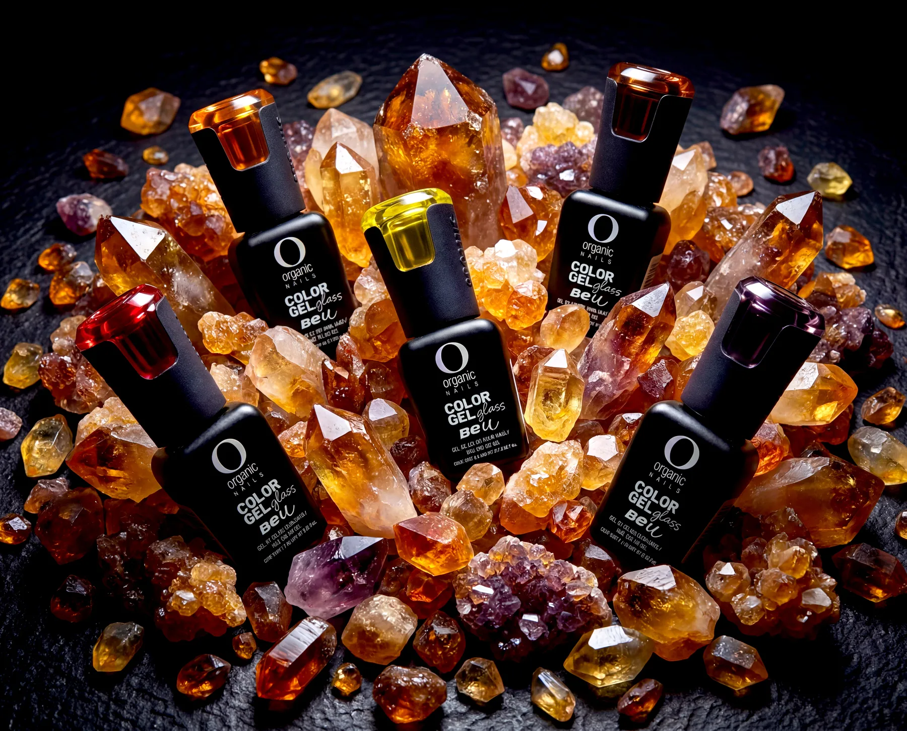 Los cinco frascos de Ámbar Collection entre cristales de resina
